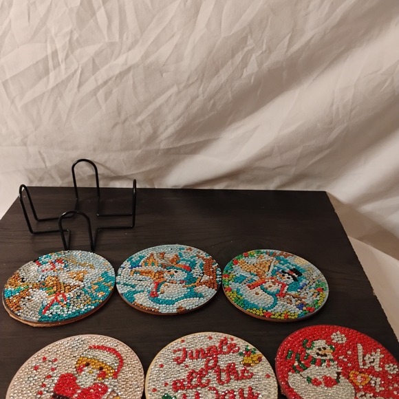Holiday  Rhinestone Artwork Coasters/w Rack - Picture 3 of 10
